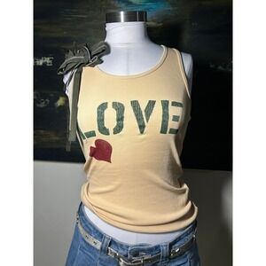 2love Tan Ribbed Love Graphic Tank Top with Zipper Bow Detail Size L Made in USA